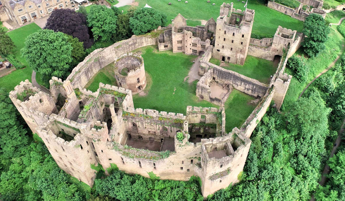 Aerial view of Ludlow Castle ruins in England
