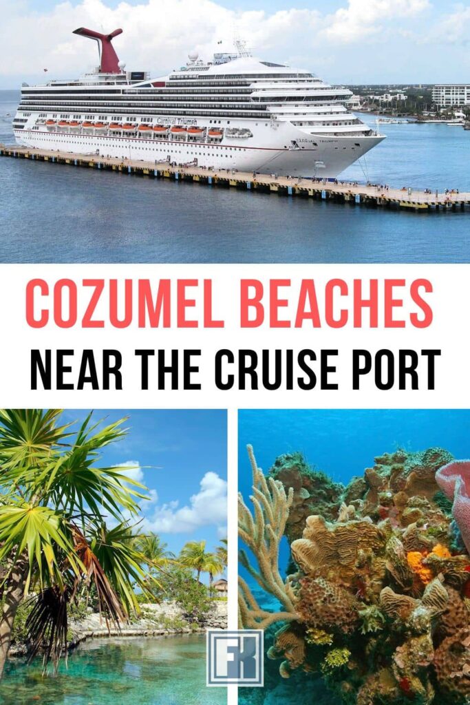 Cruise ship docked in Cozumel and a beach and snorkel spot near the port