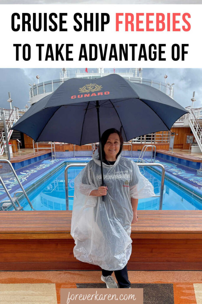 Using Cunard's free umbrella and rain poncho on a rainy day in Alaska