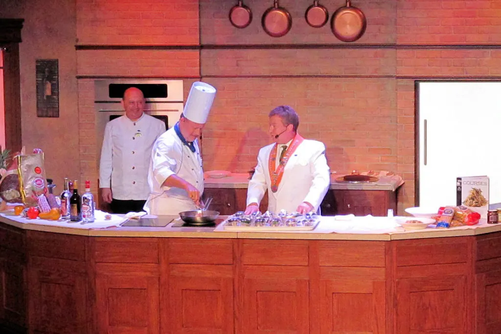 What to do on sea days? Take an onboard class or lesson. This is a cooking demonstration on the Coral Princess.