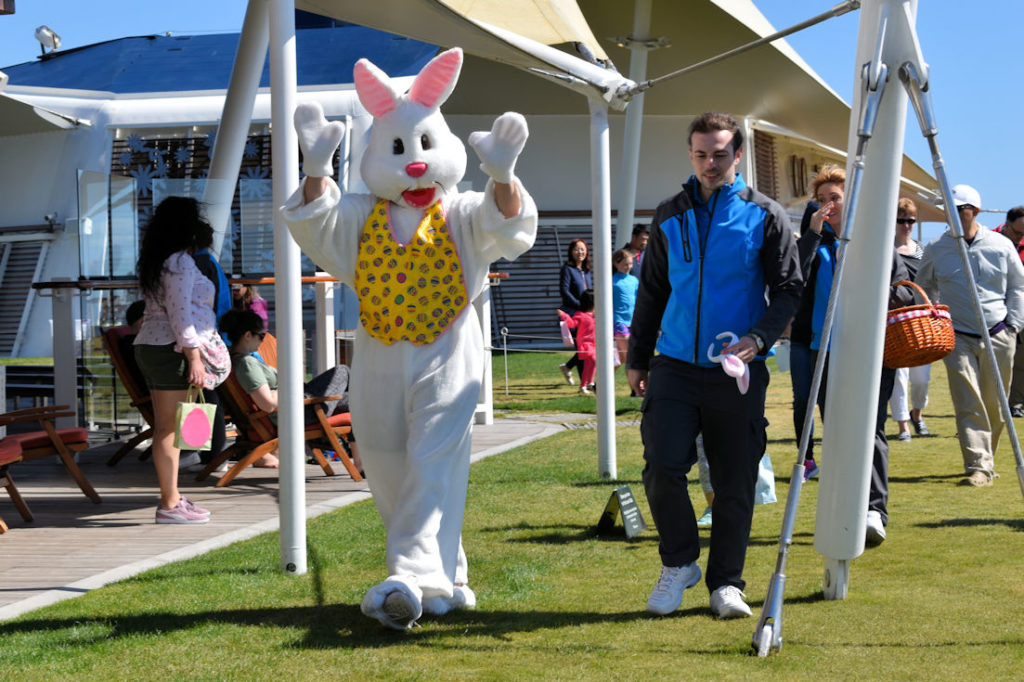 The Easter bunny at the Easter egg hunt in the Lawn Club 