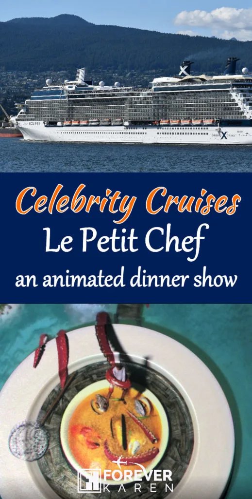 Are you booked on the Celebrity Eclipse, Equinox, Reflection, Silhouette or Edge? Why not try Le Petit Chef at Qsine? This tiny thumb-sized chef works hard to prepare your dinner course through 3D visual mapping. #cruising #celebritycruises #cruisefood