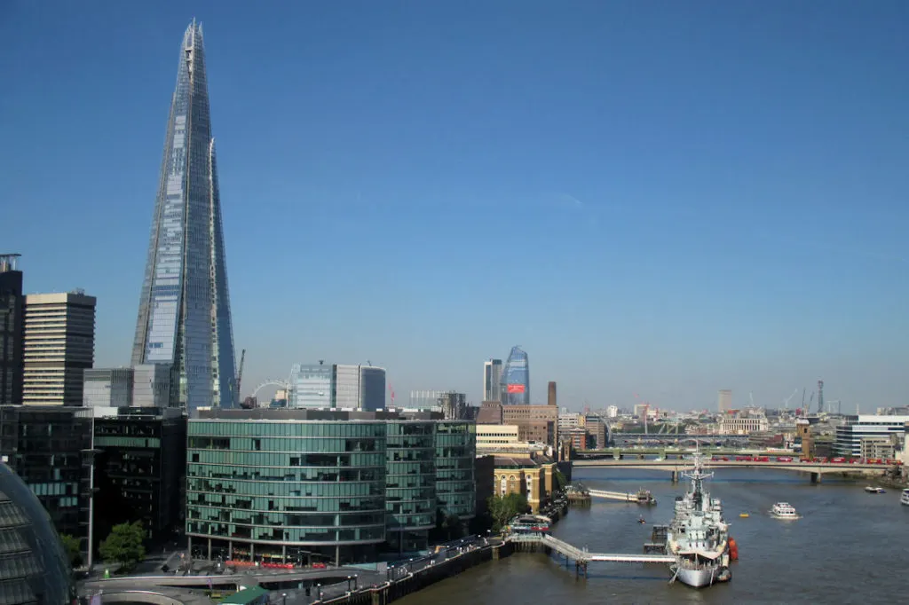 Views from Tower Bridge include The Shard and HMS Belfast
