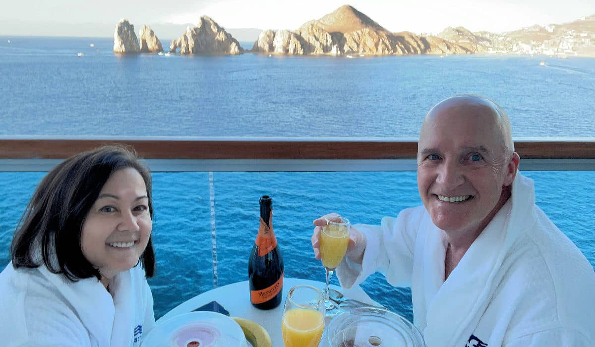 Champagne breakfast on our cruise ship balcony