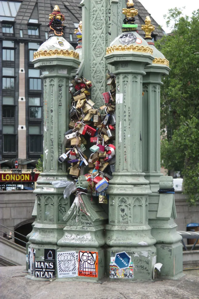 Love locks on the Westminster Bridge in London, England