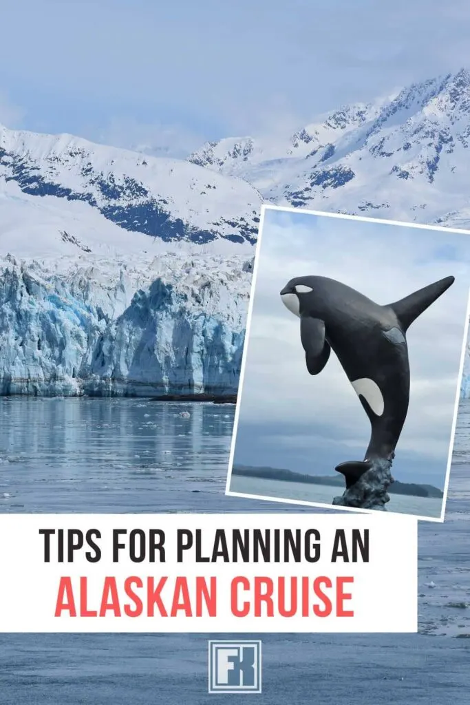 Infographic for planning an Alaskan cruise, with images of Hubbard Glacier and Icy Strait Point whale sculpture