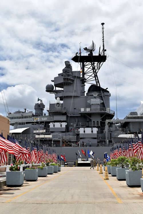 The flag-lined walkway to USS Missouri