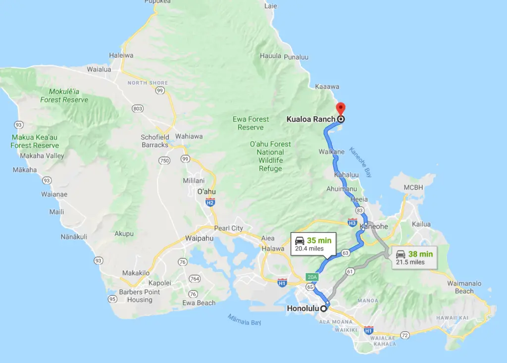 Google maps suggest the drive to Kualoa Ranch from Honolulu is 35 minutes