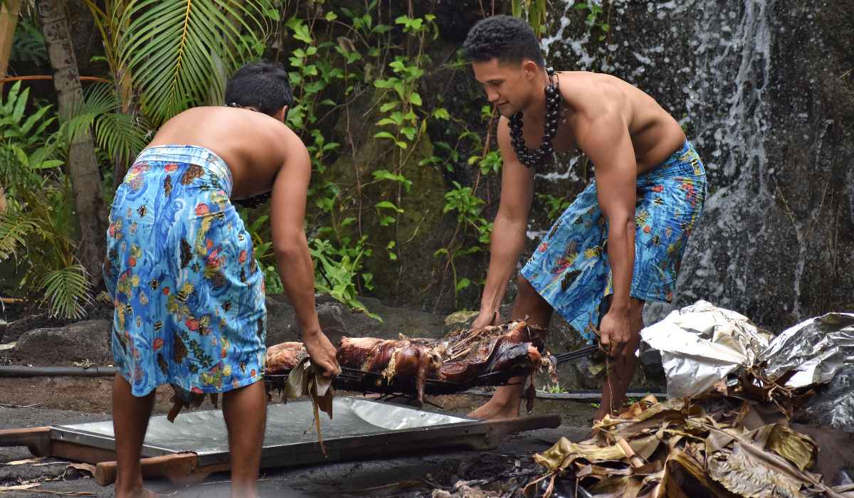 Removing the roasted pig was removed from the imu