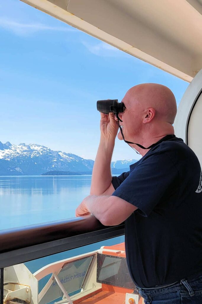 Using our binoculars in Glacier Bay