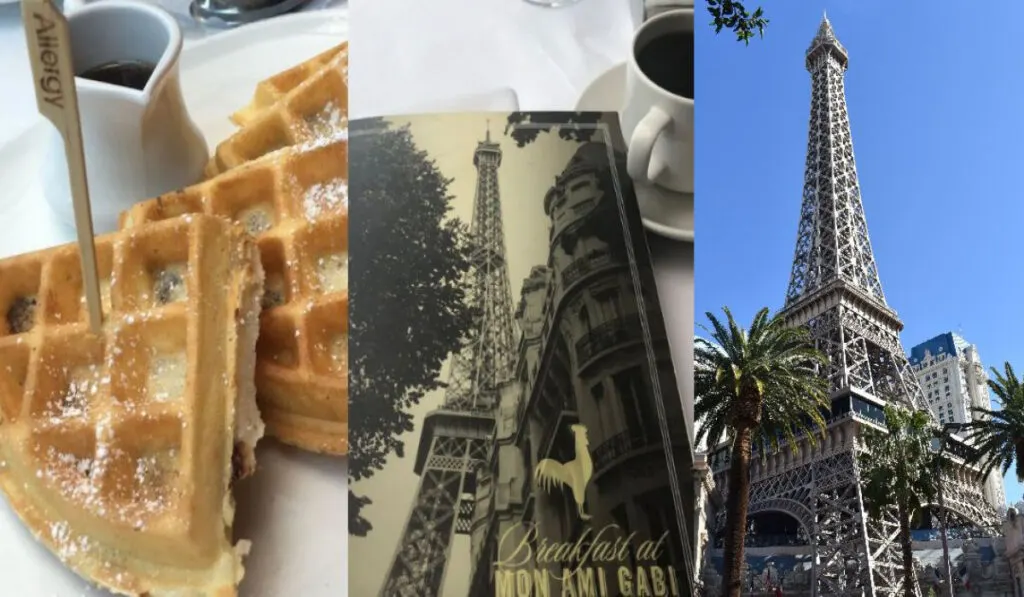 Mon Ami Gabi waffles, menu and Eiffel Tower in Las Vegas