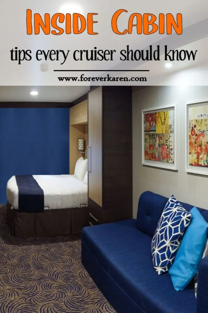 Here are some inside cabin tips for your next cruise vacation. Tips on organizing your inside stateroom, luggage storage, and size of cabins. Also, which ships have inside cabins that have French doors. #insidecabin #cruisetips #cruise 