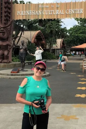 Karen at the Polynesian Cultural Center entrance