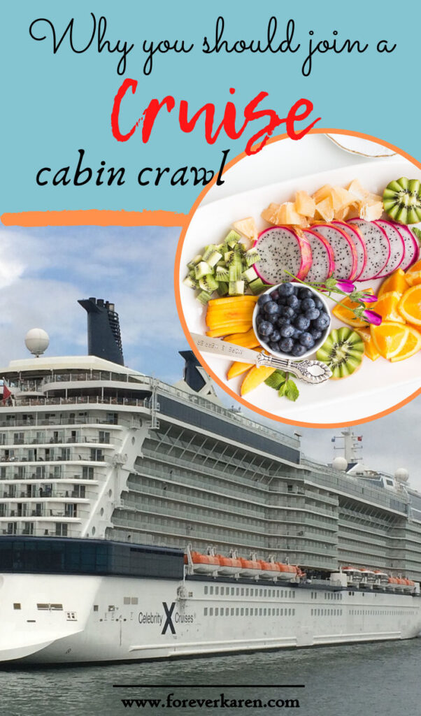 A cabin crawl is an event launched by a host on a cruise. During the event, the cruisers view each other’s staterooms. It’s a great way to meet people and se the different categories of cruise ship cabins. #cabincrawl #cruisetips #cruiseevent #cruisecabin #cruisestateroom