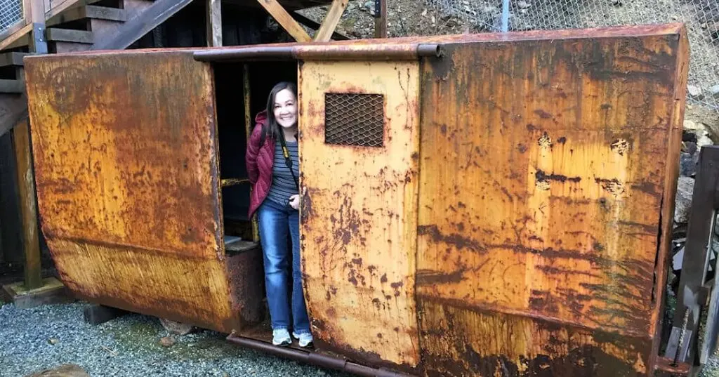 Karen inside a mining car at the Britannia Mine Museum