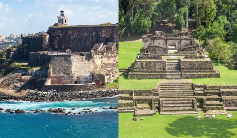 El Morro in the eastern and Caracol Mayan ruins in the western Caribbean