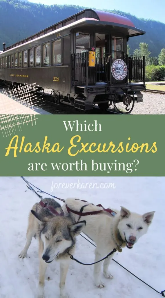 White Pass & Yukon Route train car in Skagway and two sled dogs on Herbert Glacier