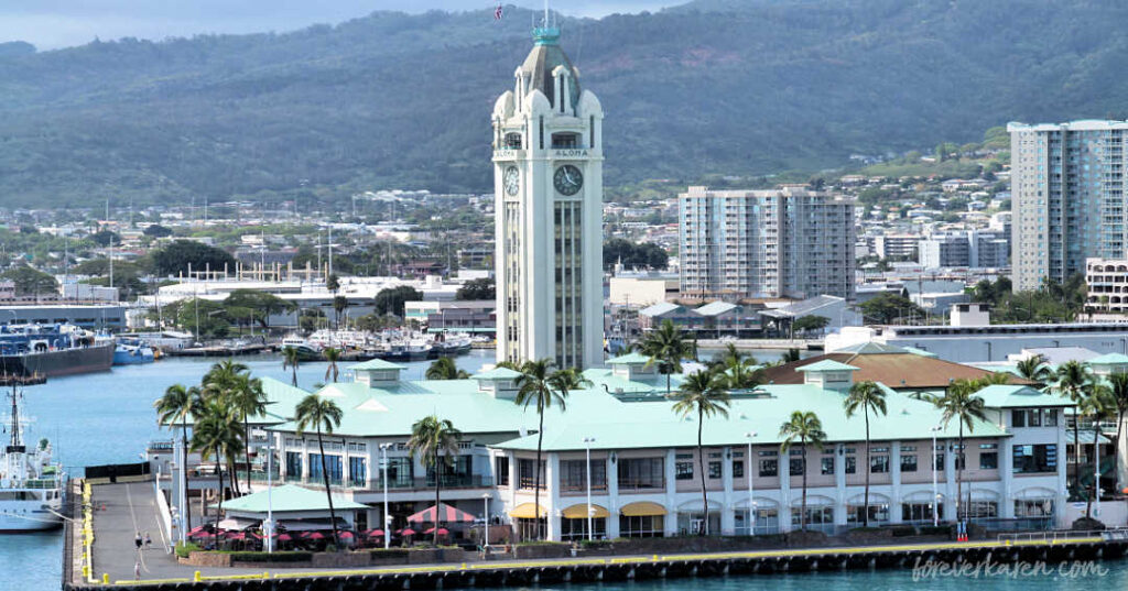 Honolulu cruise port featuring the iconic Aloha clock tower