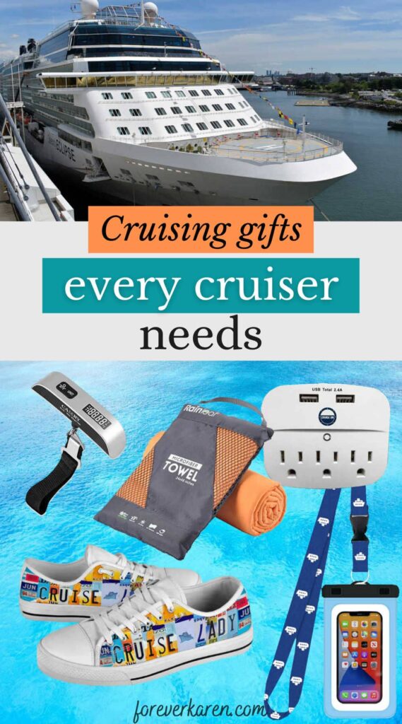 A cruise ship and a selection of cruise gifts. These include a travel scale, microfiber towel, charger, lanyard and cruise shoes.