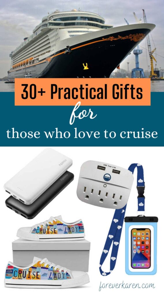 A Disney cruise ship and a selection of cruising gifts. These include a power adapter, charger, lanyard and cruising shoes.