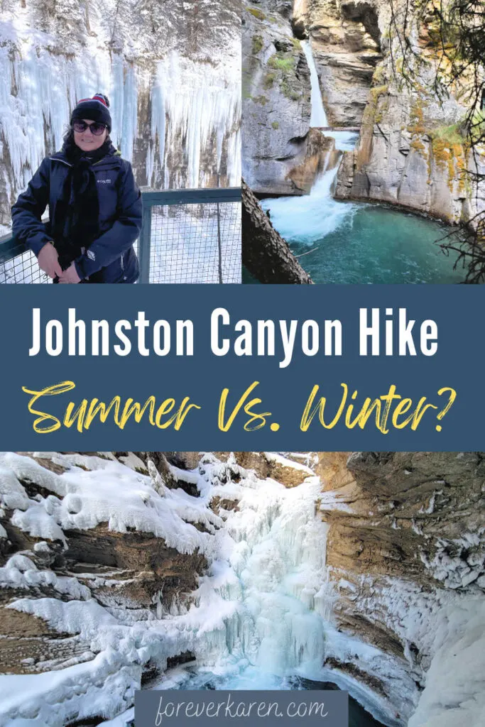 Images of Johnston Canyon waterfalls in summer and winter