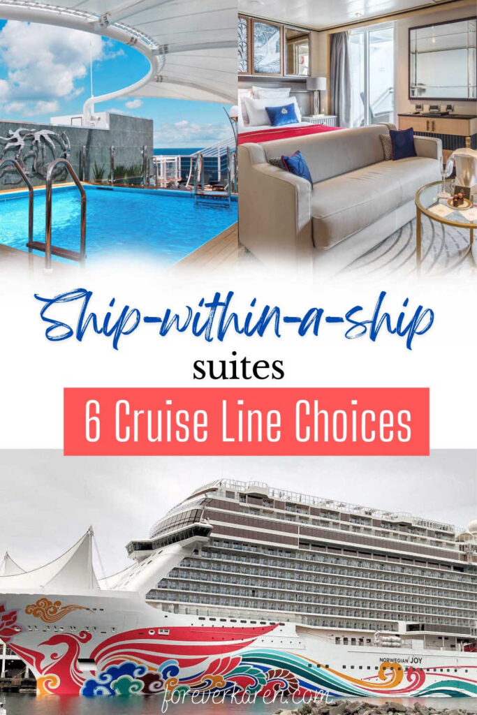 The Norwegian Joy cruise ship and a Cunard Queen's Grill Suite category stateroom