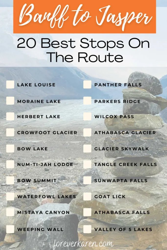 A chart showing some of the best stops on the Icefields Parkway in the Canadian Rockies