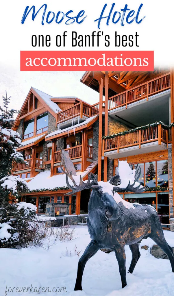 A winter picture of the Moose Hotel's exterior in Banff, Canada