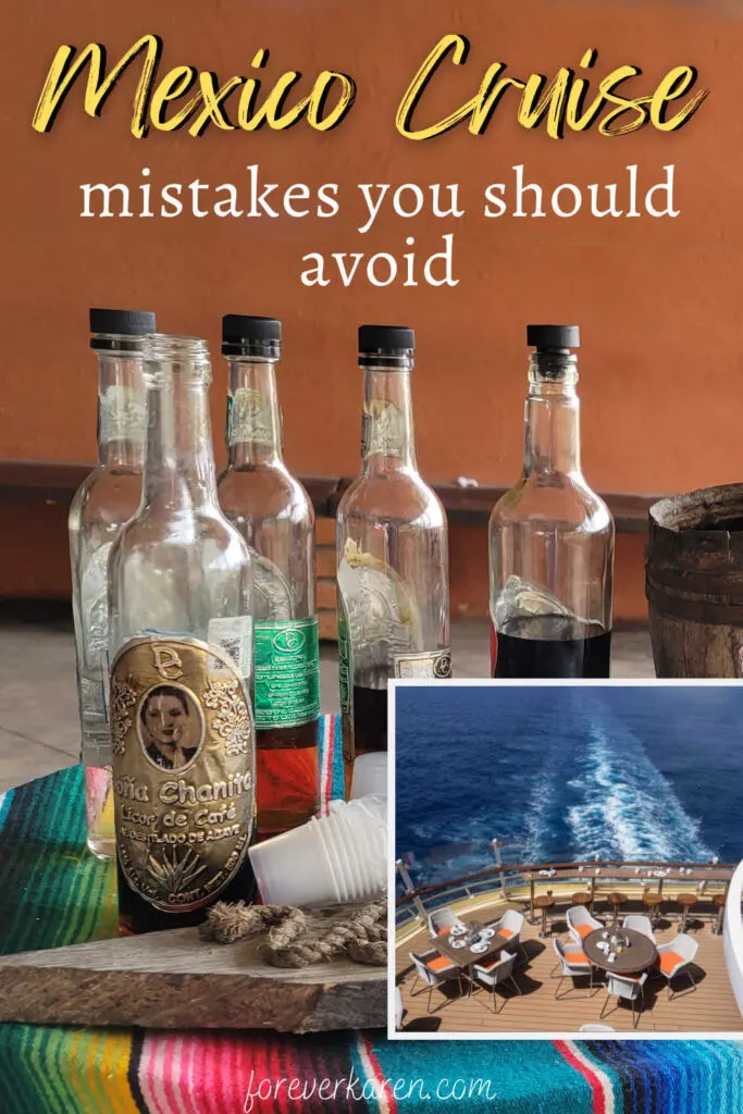 Bottles of tequila and the back of a cruise ship