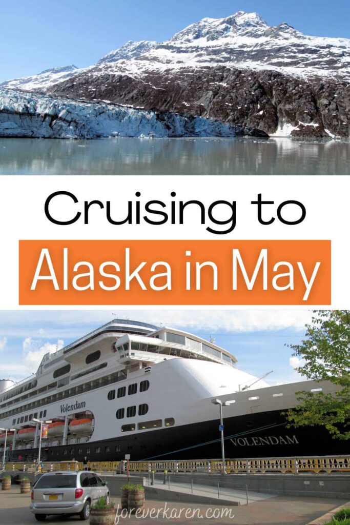 A cruise ship in an Alaskan port and cruising Glacier Bay in May