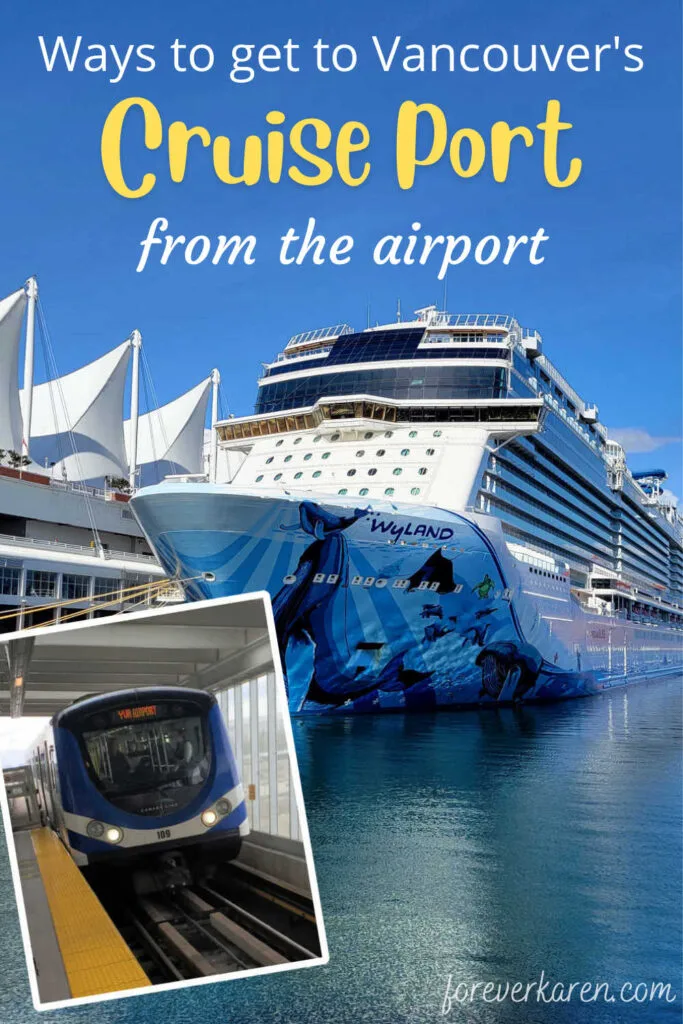 The Norwegian Bliss at the Vancouver cruise port and a small inserted picture of Vancouver's Skytrain