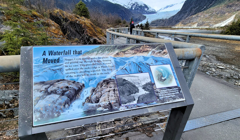 Nugget falls signage at Mendenhall Glacier in Juneau