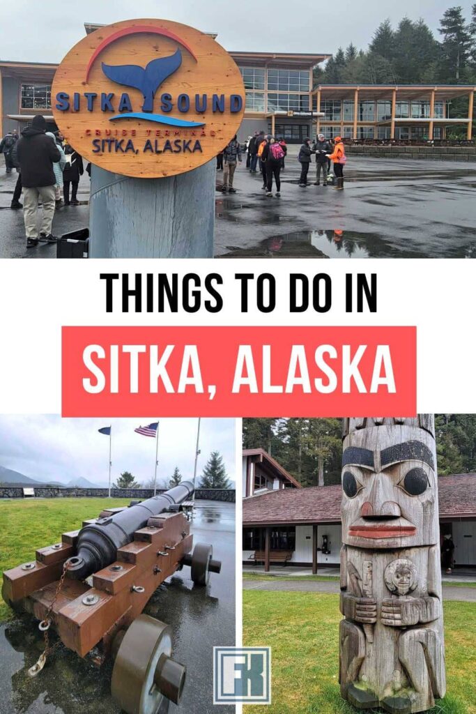 Sitka Sound cruise port, a totem pole and Castle Hill Historical Site