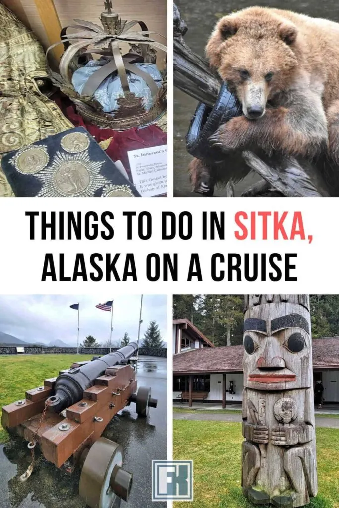 Images in Sitka: artifacts from the St. Michael's Cathedral, a coastal brown bear, Castle Hill, and totem pole