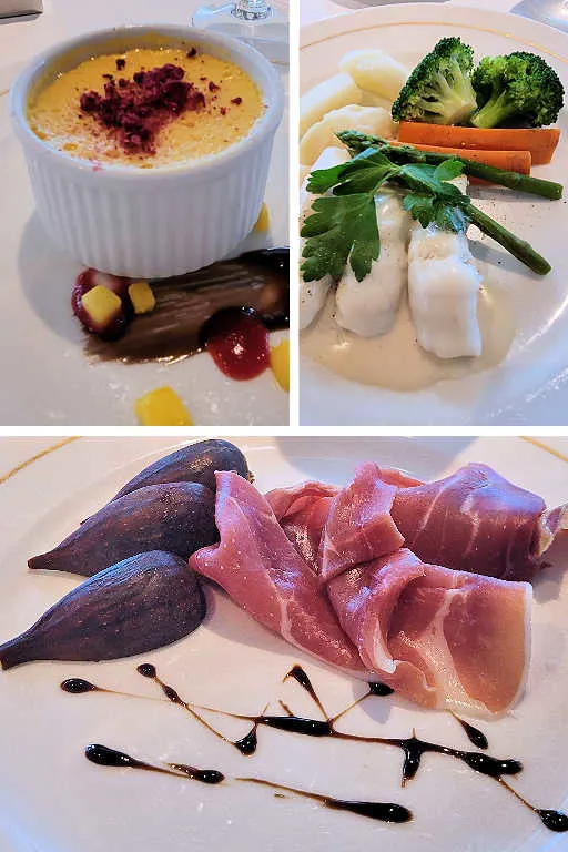 Cunard restaurant food - an appetizer, entree and dessert