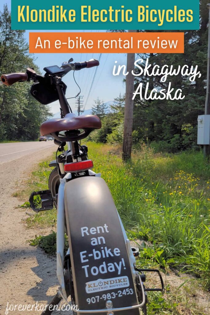 Back of our e-bike rental near the Welcome to Skagway sign