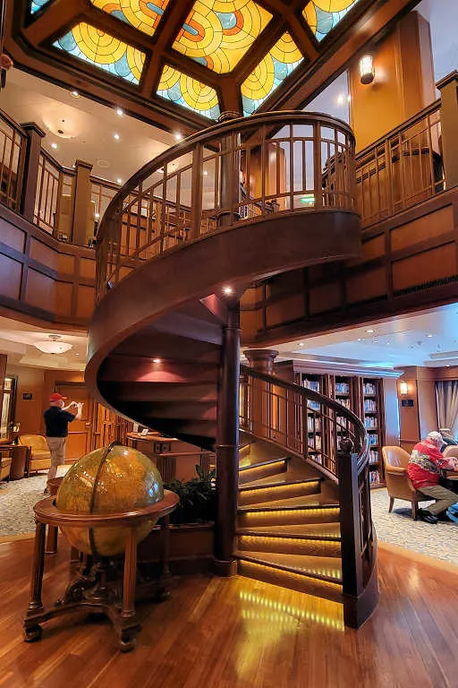Cunard's Queen Elizabeth's library with spiral staircase
