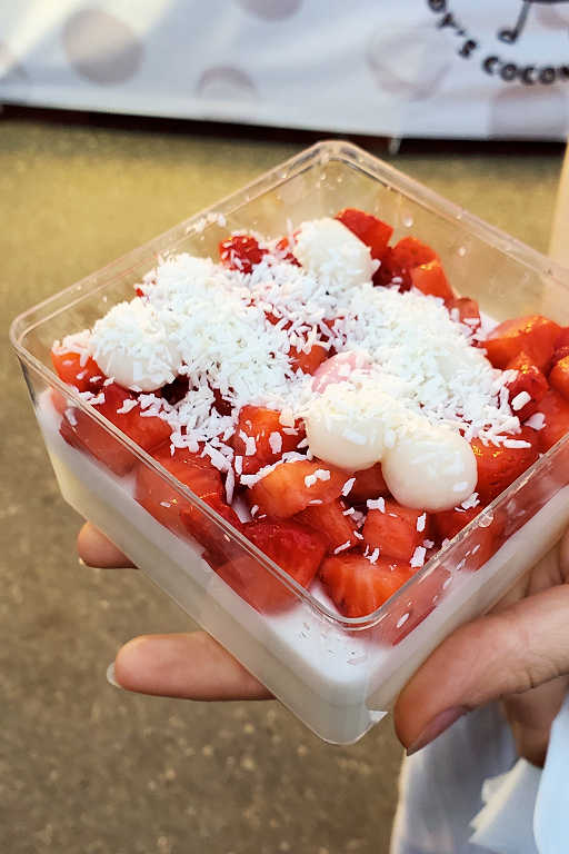 Coconut pudding with strawberries and mochi from the Richmond Night Market