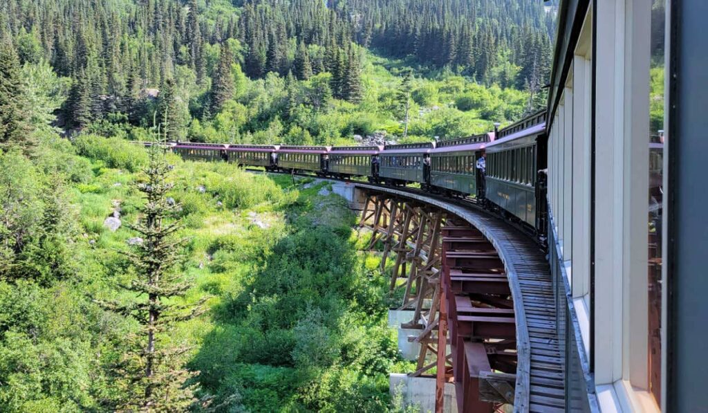 Traveling over a wooden trestle on the White Pass & Yukon Route train