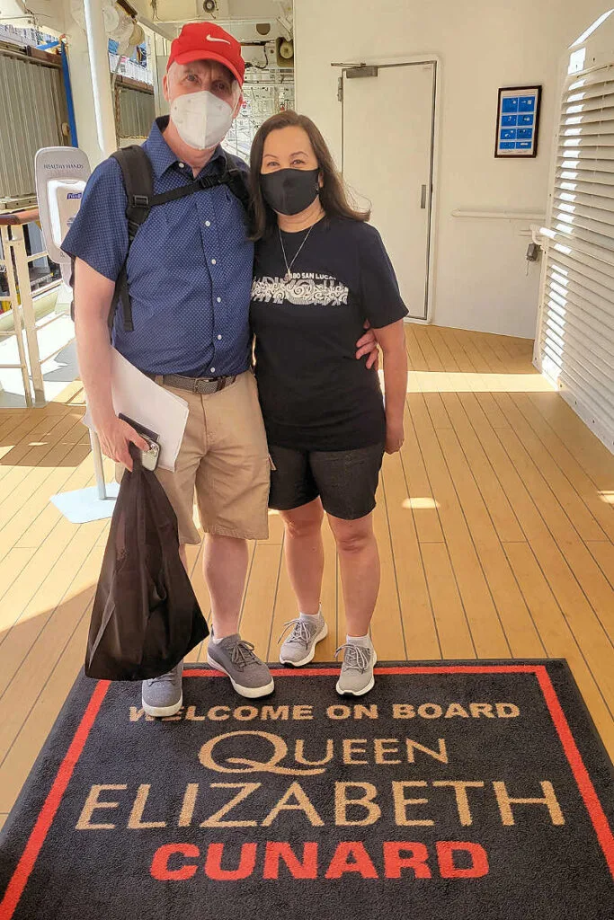 Dressed casually while boarding Cunard Queen Elizabeth