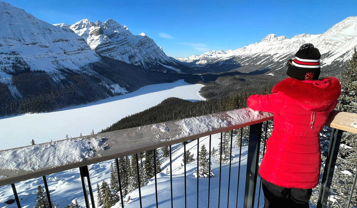 Karen visiting Peyto Lake, Banff, in winter