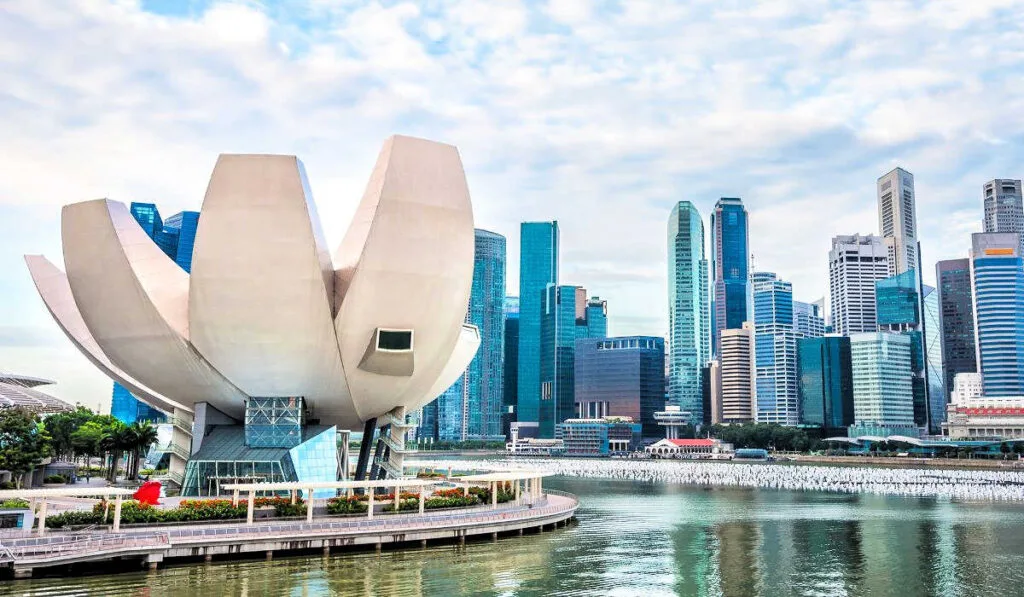 The iregular shaped ArtScience Museum on Singapore's waterfront