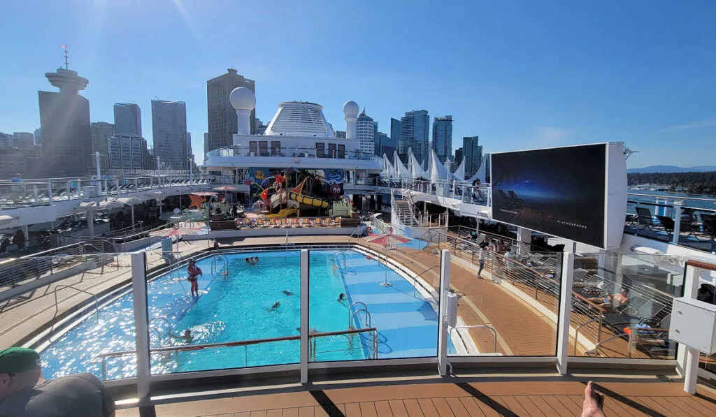 A cruise ship docked in Vancouver, waiting to sail away