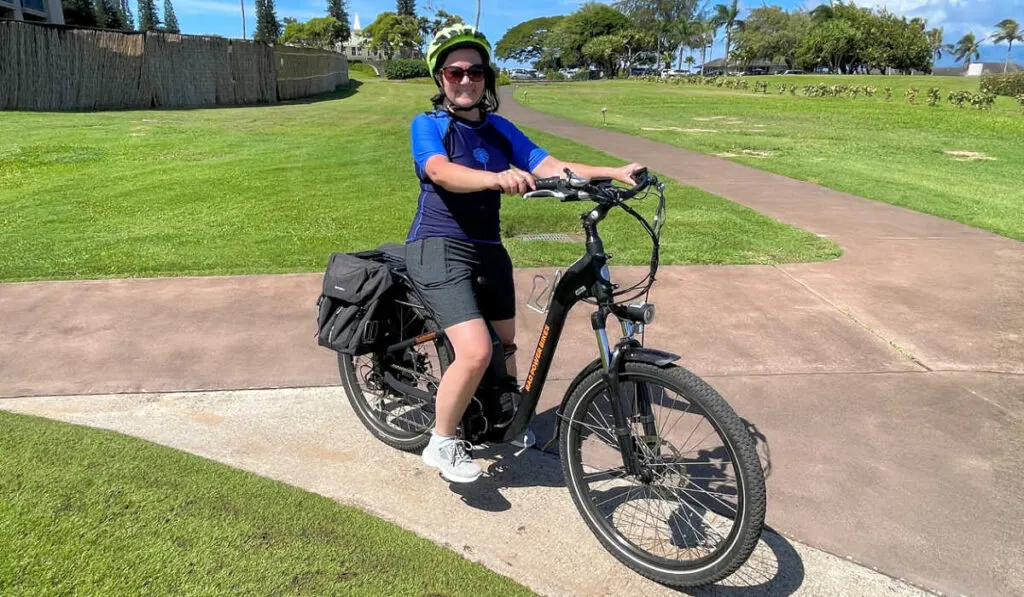 Karen riding an e-bike rental in Maui