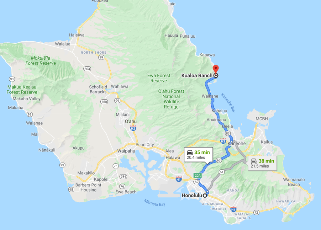 Google map from Honolulu to Kualoa Ranch
