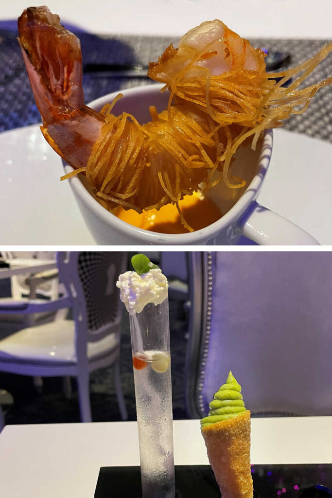Mad Hatter's Potted Shrimp, Tomato water, and Crispy Crab Cone appetizers