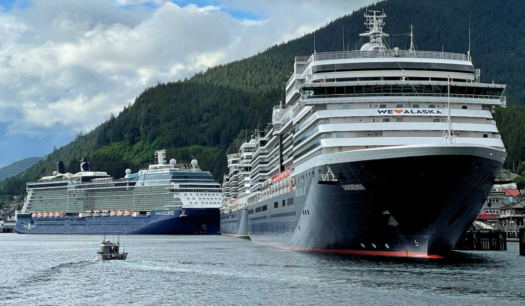 Three cruise ships in Ketchikan, Alaska in August