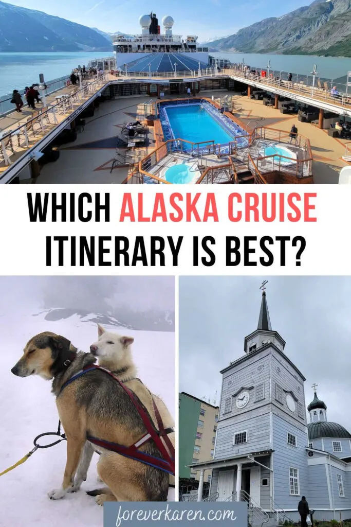 A cruise ship in Glacier Bay National Park, a couple of sled dogs and St. Michael's Cathedral in Sitka