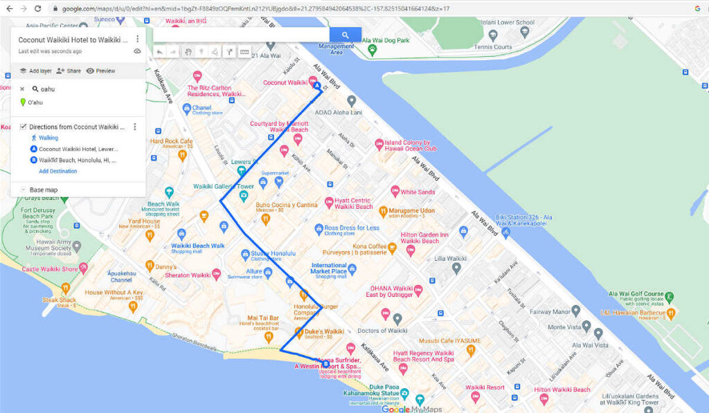 Google map of directions from the Coconut Waikiki Hotel to Waikiki Beach