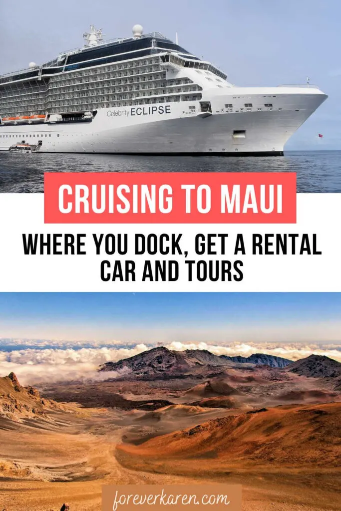 The Celebrity Eclipse cruise ship anchored in Lahaina Harbor in Maui and an image inside the dormant crater of Haleakala 